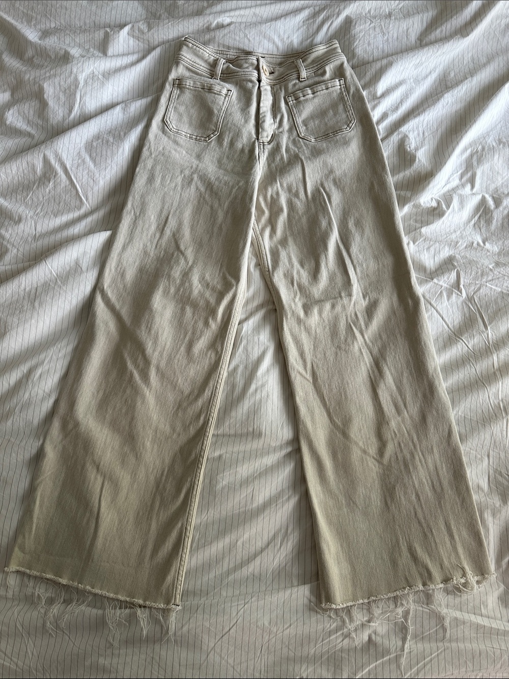 Miou Muse - Off White Wide Leg Pants Flat Front Pocket